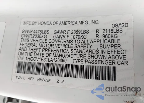 2020 Honda Accord Sport из США, поврежденный, VIN 1HGCV1F31LA126499